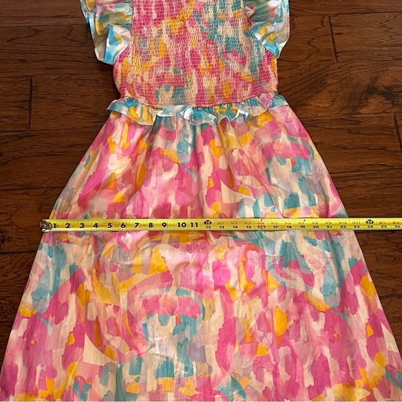 NWT Peach Love Dress Size Small Pink Blue White Floral Smocked Ruffle Maxi Midi - Picture 16 of 16